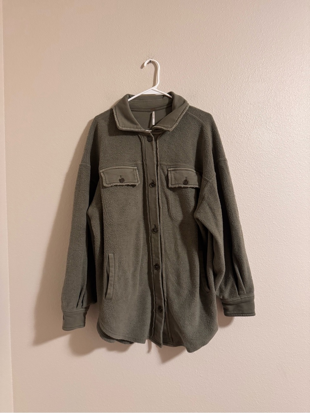Free People Button-Front Teddy Jacket in olive green